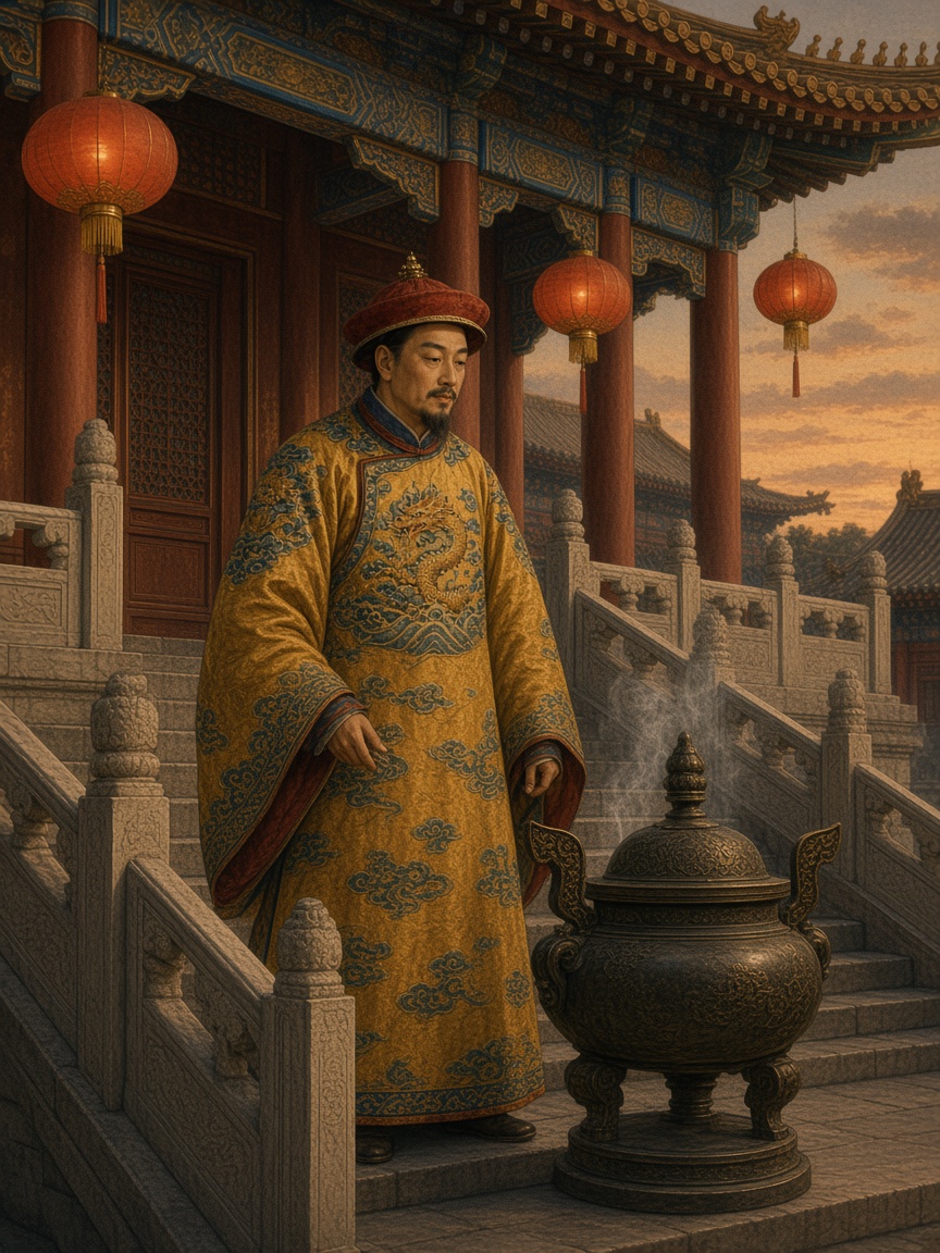 At nightfall, the emperor bows his head in quiet thanks before a lantern-lit ceremonial hall, painted in classical Chinese court style