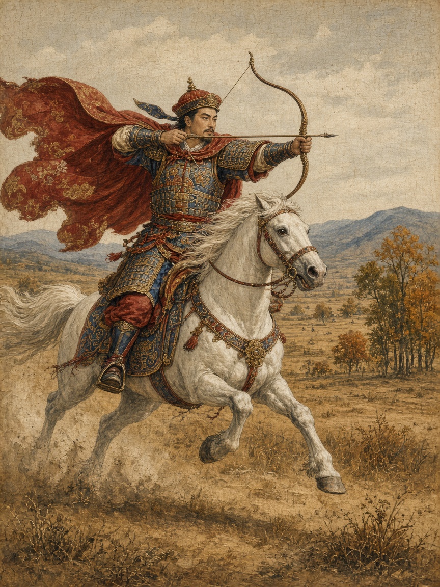 An armoured rider draws a bow atop a galloping horse, escorting the caravan's goods, painted in classical Chinese court style