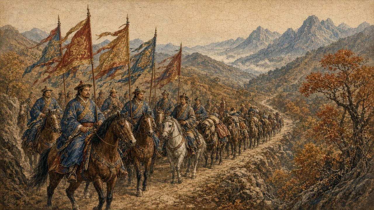 A caravan of riders and banners presses through a mountain pass, painted in classical Chinese scroll style