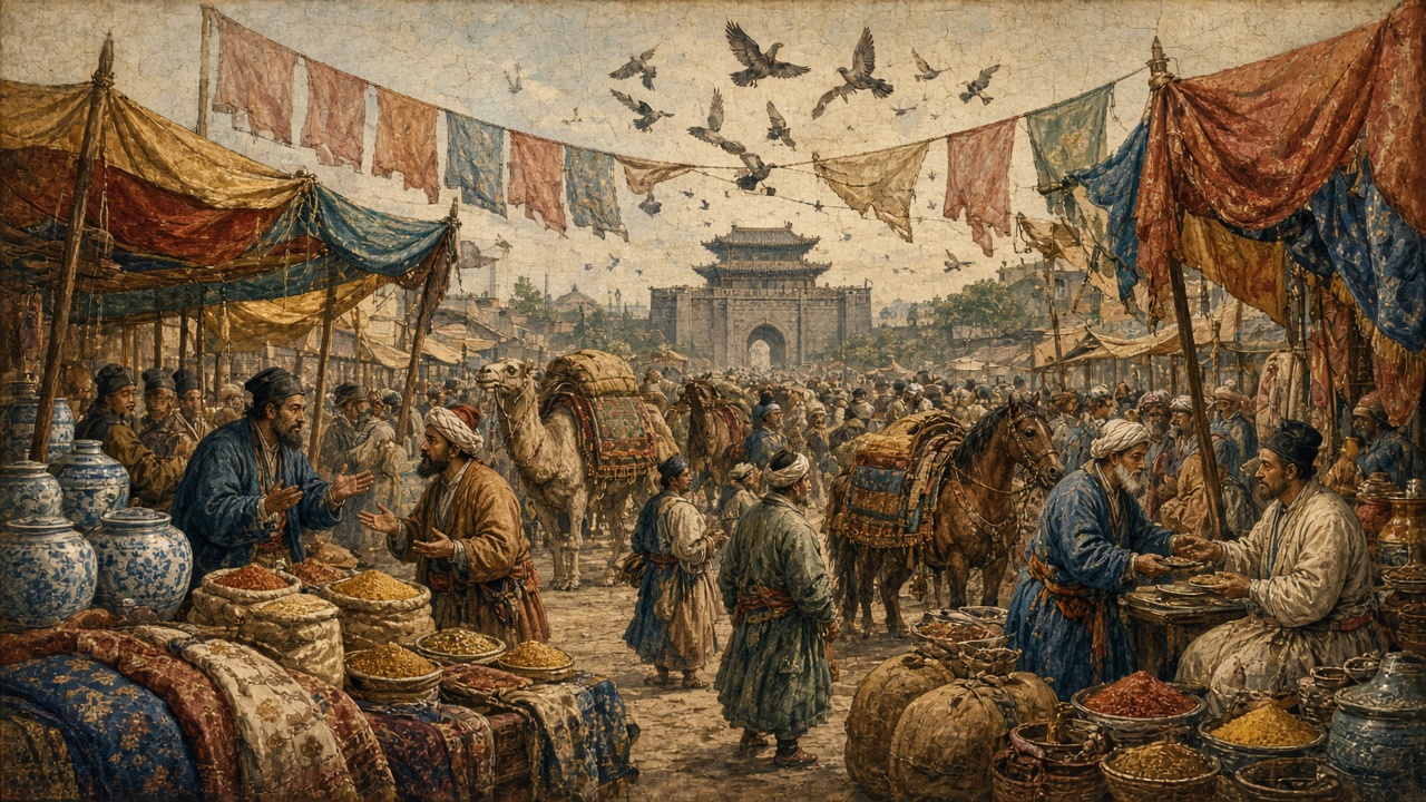 A bustling Silk Road bazaar at midday, merchants trading spices, silk and porcelain beneath banners as a flock of pigeons bursts into flight, painted in classical Chinese court style