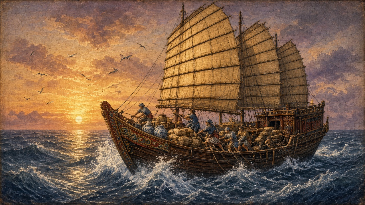 A wooden trading junk with full sails cuts through dramatic ocean waves at sunset, painted in classical Chinese court style