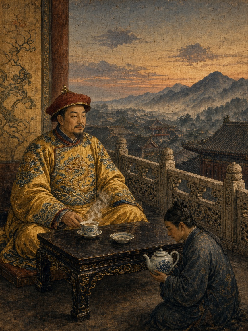 At the palace, an emperor seated on a terrace lifts a cup of tea as an attendant kneels nearby, painted in classical Chinese court style